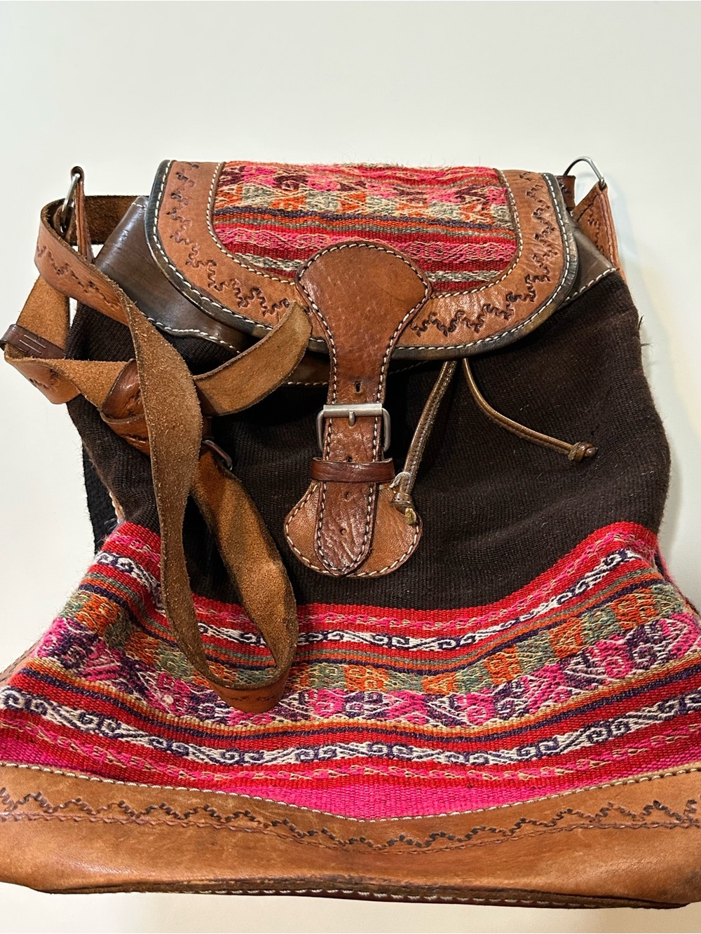 Vintage Bohemian Tooled Leather & Woven Wool Backpack